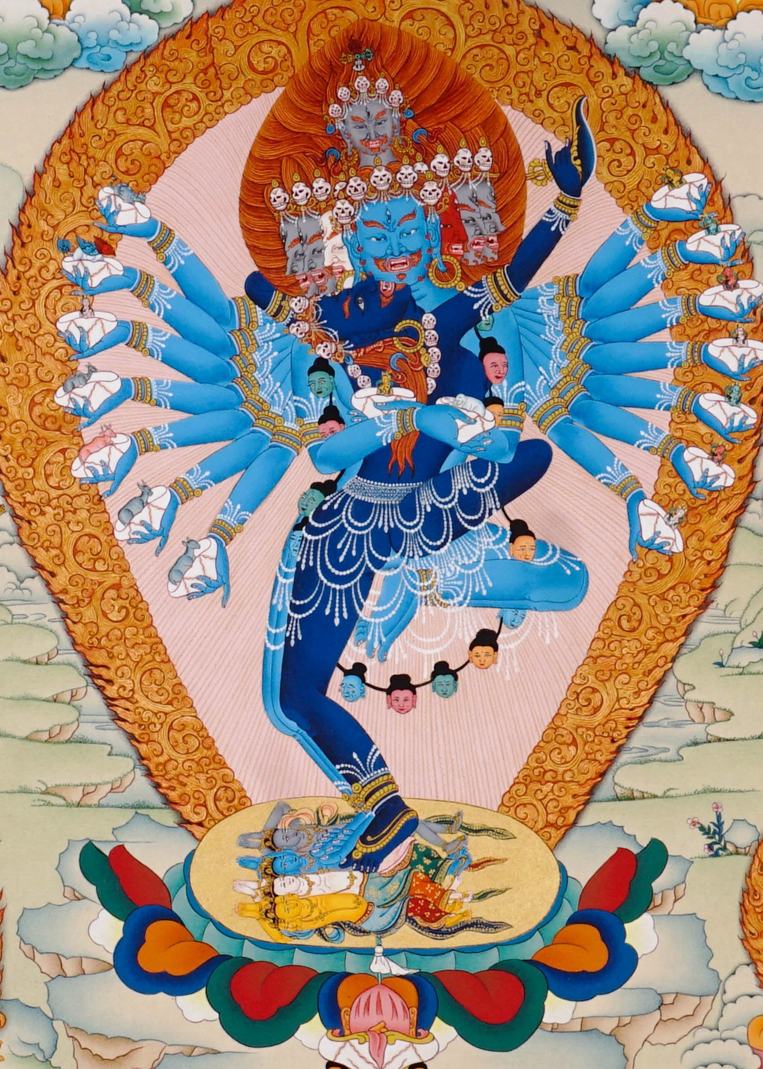 Hand-painted Hayagriva thangka with multiple arms and wrathful compassionate form