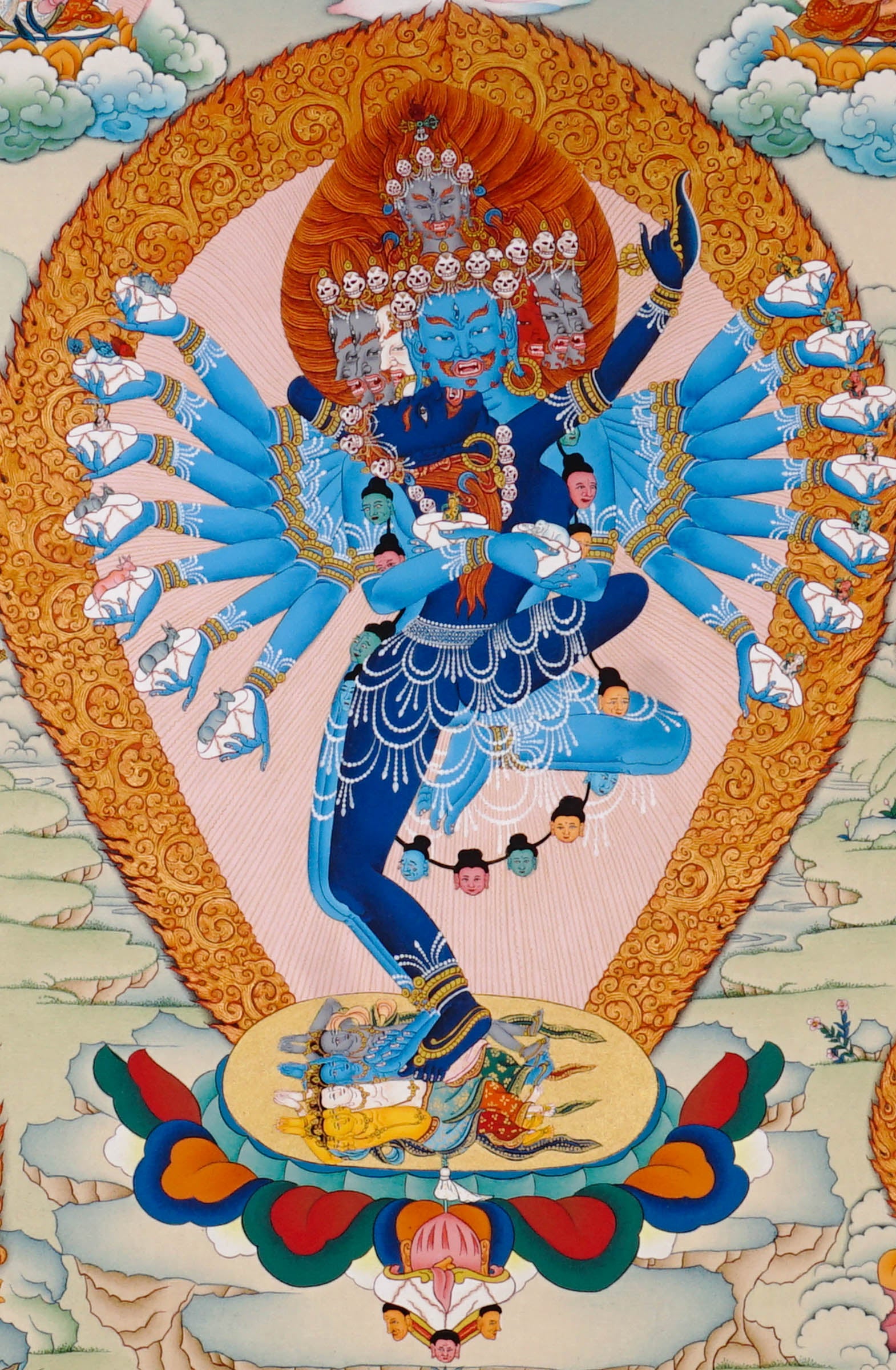 Hand-painted Hayagriva thangka with multiple arms and wrathful compassionate form