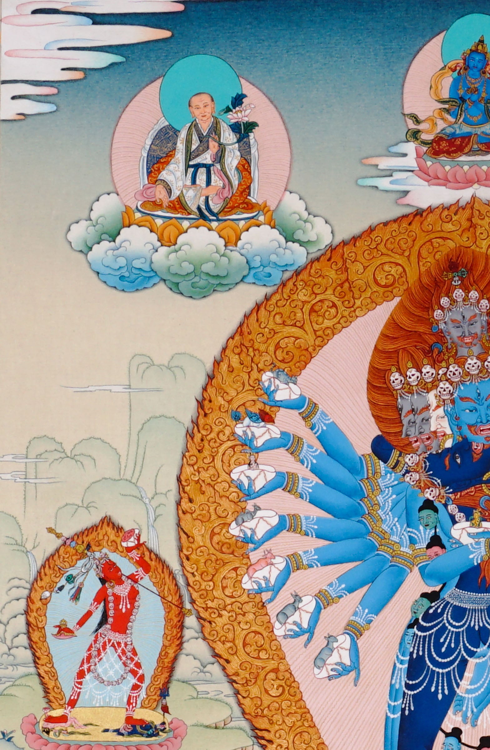 Hand-painted Hayagriva thangka with multiple arms and wrathful compassionate form