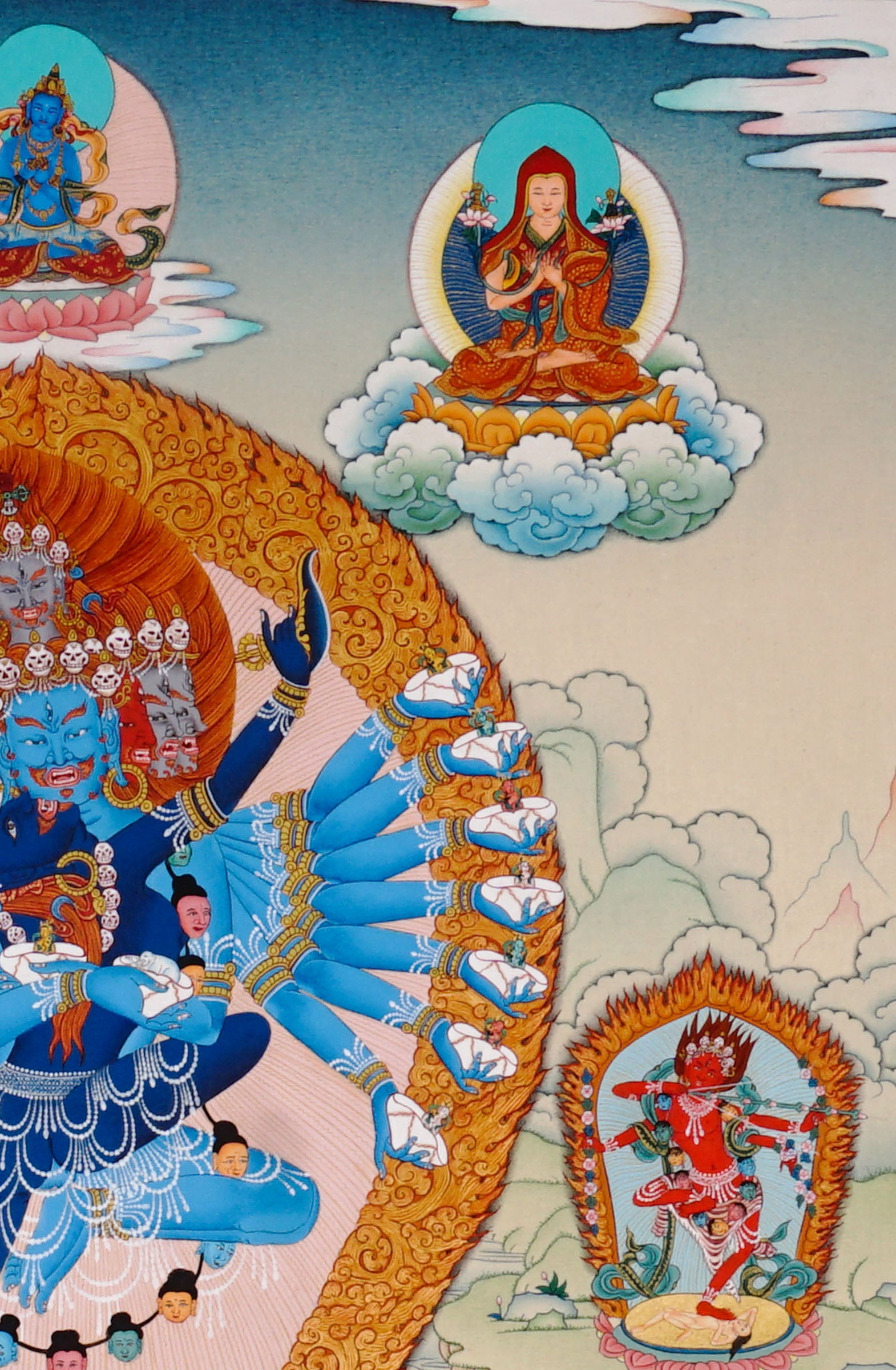 Hand-painted Hayagriva thangka with multiple arms and wrathful compassionate form