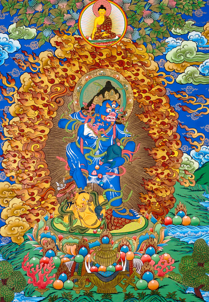 Tibetan Black Zambhala thangka painting with Buddha above and lotus base surrounded by flames