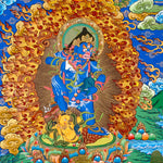 Tibetan Black Zambhala thangka painting with Buddha above and lotus base surrounded by flames