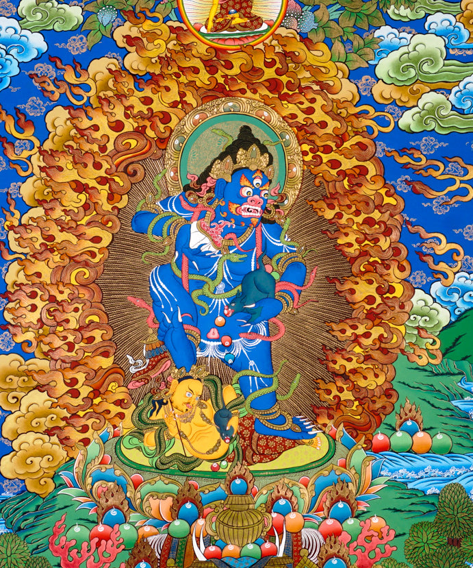 Tibetan Black Zambhala thangka painting with Buddha above and lotus base surrounded by flames