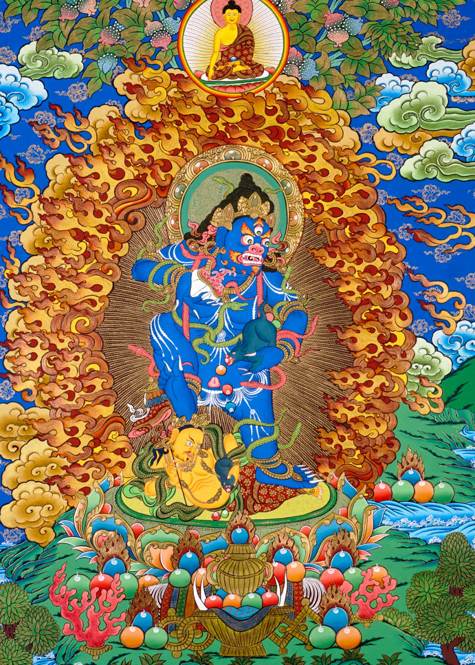 Tibetan Black Zambhala thangka painting with Buddha above and lotus base surrounded by flames