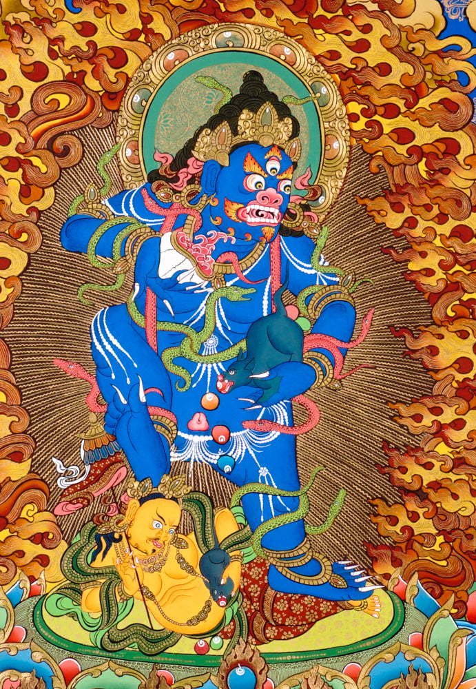 Tibetan Black Zambhala thangka painting with Buddha above and lotus base surrounded by flames