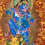 Tibetan Black Zambhala thangka painting with Buddha above and lotus base surrounded by flames