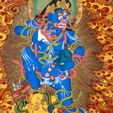 Tibetan Black Zambhala thangka painting with Buddha above and lotus base surrounded by flames