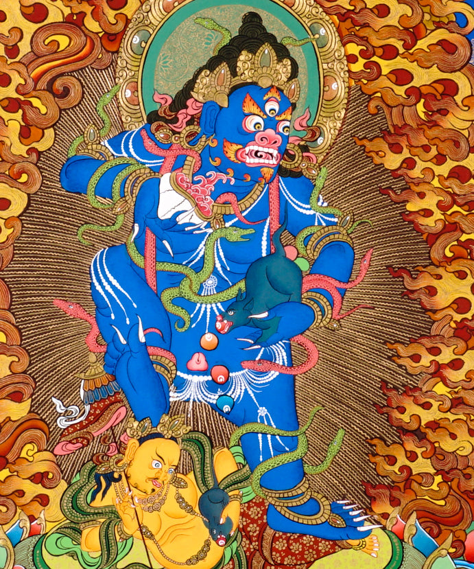 Tibetan Black Zambhala thangka painting with Buddha above and lotus base surrounded by flames