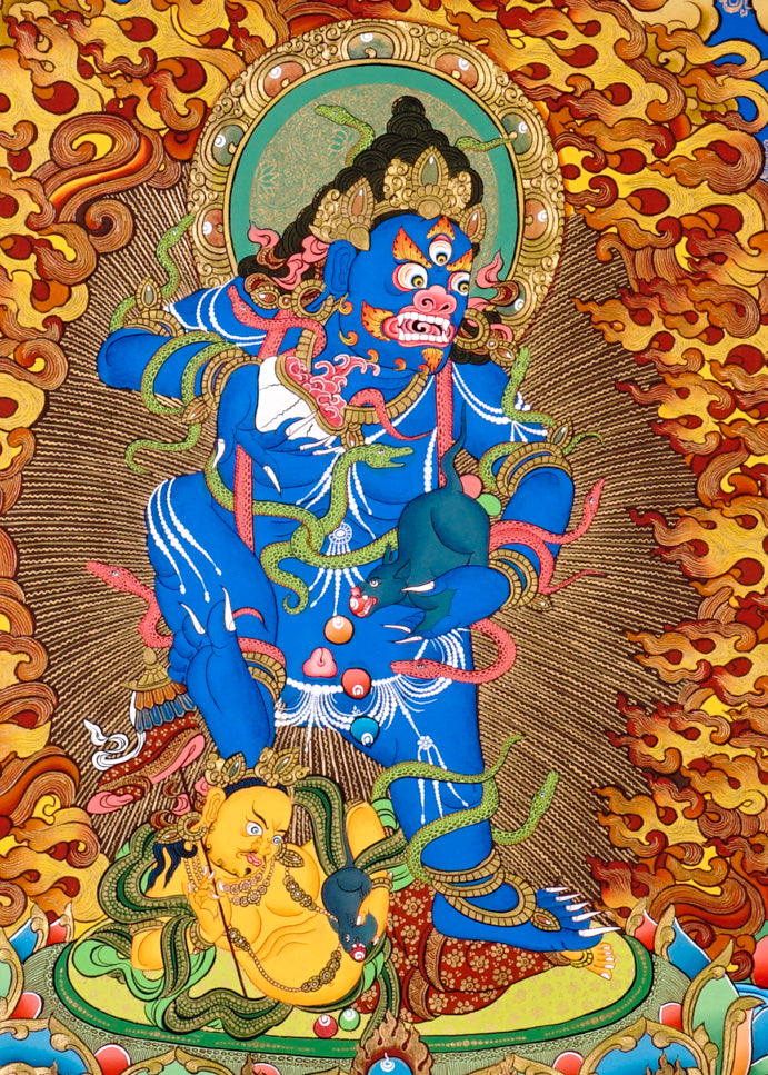 Tibetan Black Zambhala thangka painting with Buddha above and lotus base surrounded by flames