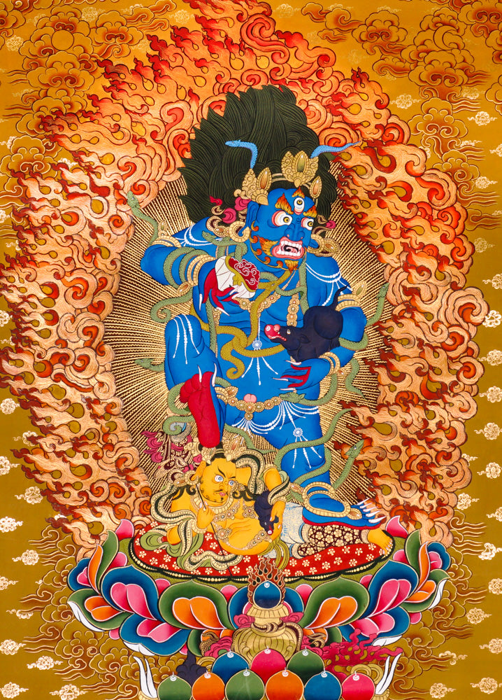 Black Zambhala thangka with wrathful wealth deity surrounded by flames