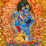 Black Zambhala thangka with wrathful wealth deity surrounded by flames