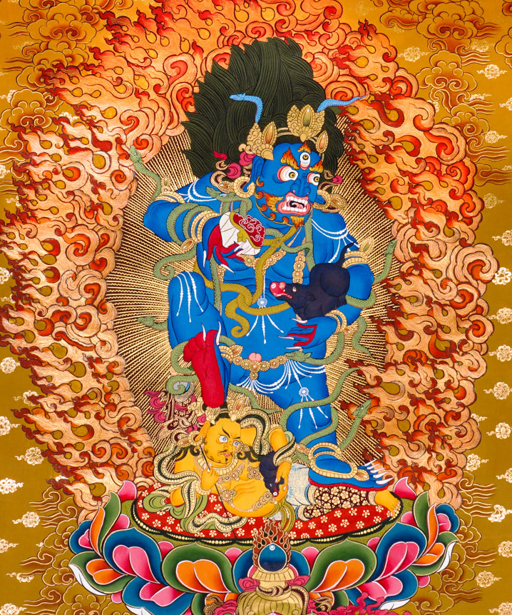 Black Zambhala thangka with wrathful wealth deity surrounded by flames