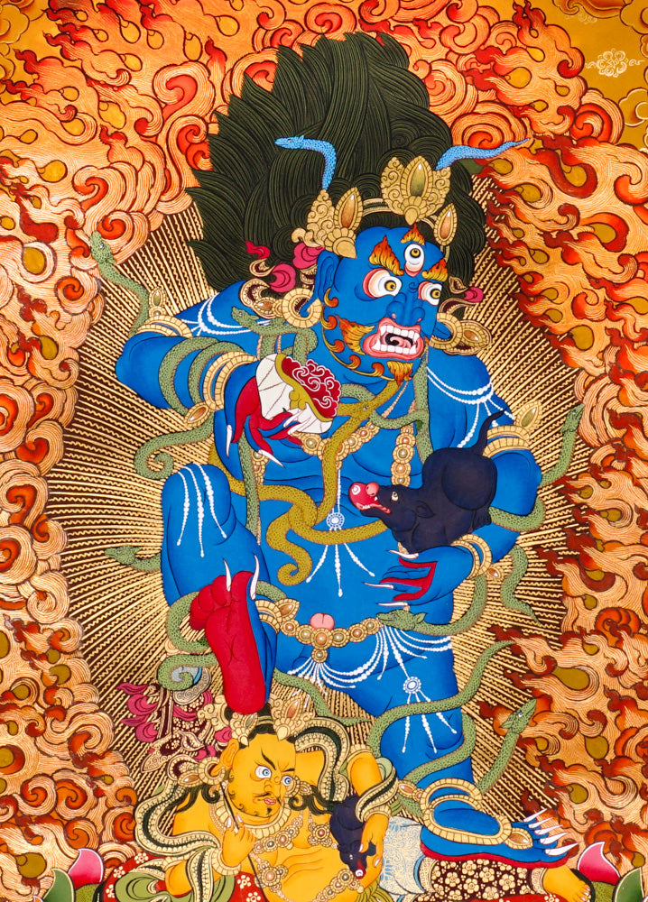 Black Zambhala thangka with wrathful wealth deity surrounded by flames