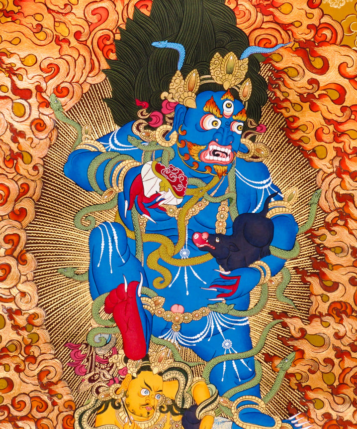 Black Zambhala thangka with wrathful wealth deity surrounded by flames