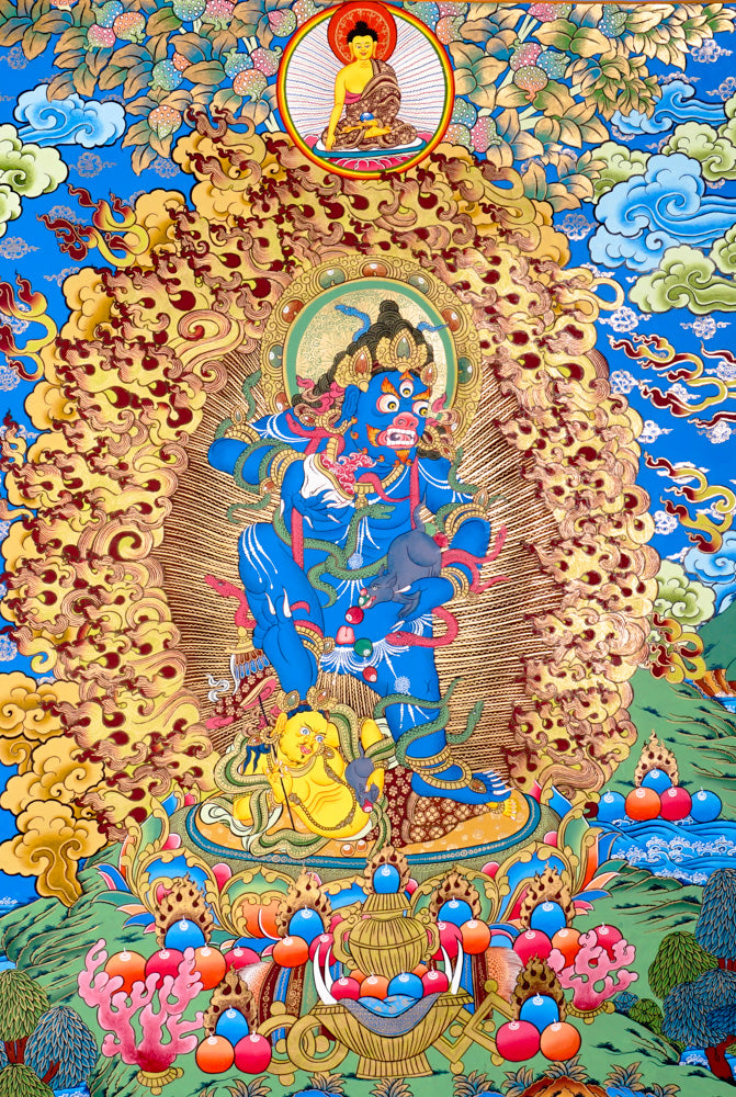 Black Zambhala thangka with wrathful wealth deity surrounded by golden flames