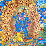Black Zambhala thangka with wrathful wealth deity surrounded by golden flames