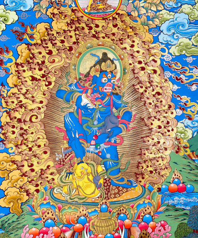 Black Zambhala thangka with wrathful wealth deity surrounded by golden flames