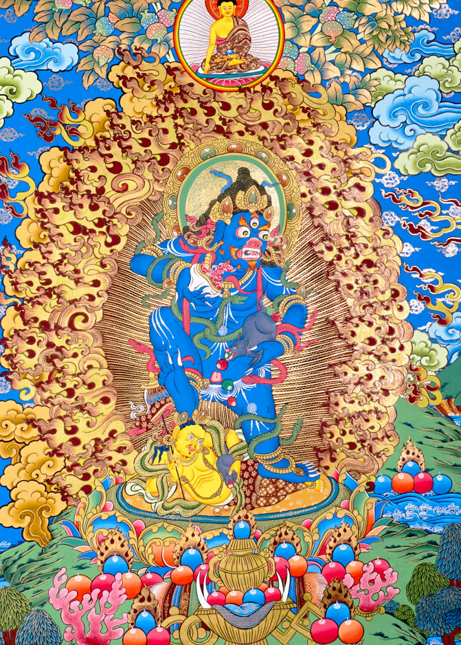 Black Zambhala thangka with wrathful wealth deity surrounded by golden flames