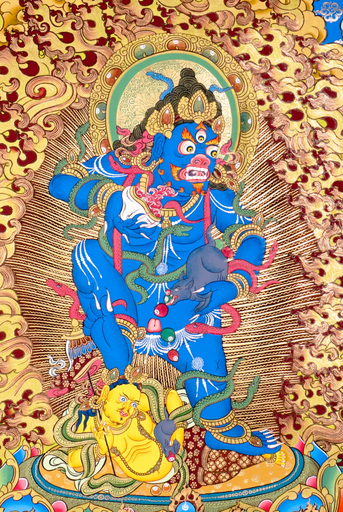 Black Zambhala thangka with wrathful wealth deity surrounded by golden flames