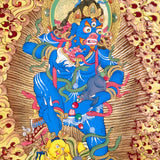 Black Zambhala thangka with wrathful wealth deity surrounded by golden flames