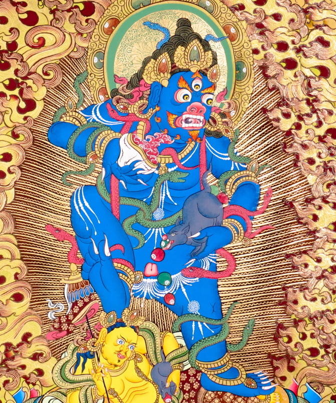 Black Zambhala thangka with wrathful wealth deity surrounded by golden flames