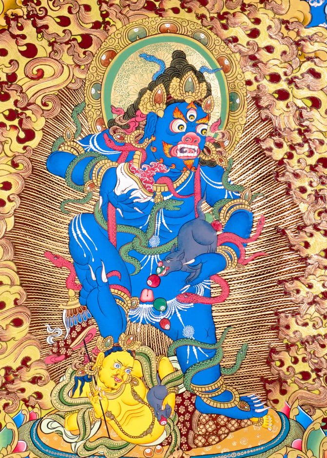 Black Zambhala thangka with wrathful wealth deity surrounded by golden flames