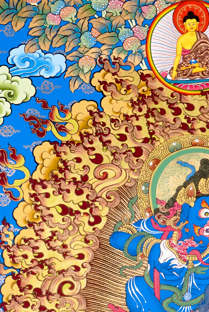 Black Zambhala thangka with wrathful wealth deity surrounded by golden flames