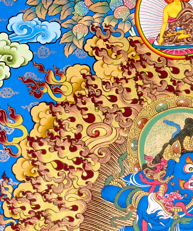 Black Zambhala thangka with wrathful wealth deity surrounded by golden flames