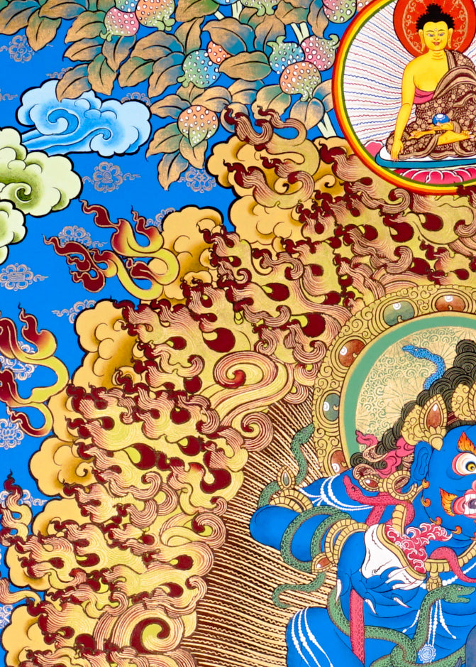 Black Zambhala thangka with wrathful wealth deity surrounded by golden flames