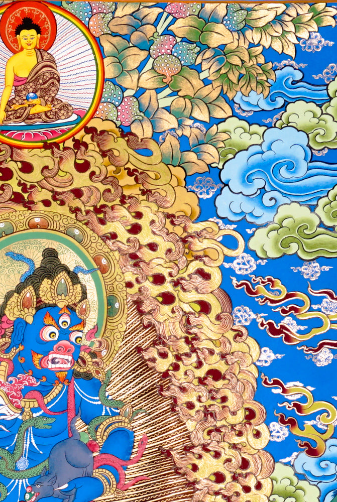Black Zambhala thangka with wrathful wealth deity surrounded by golden flames