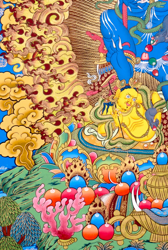 Black Zambhala thangka with wrathful wealth deity surrounded by golden flames