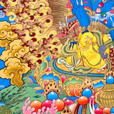 Black Zambhala thangka with wrathful wealth deity surrounded by golden flames