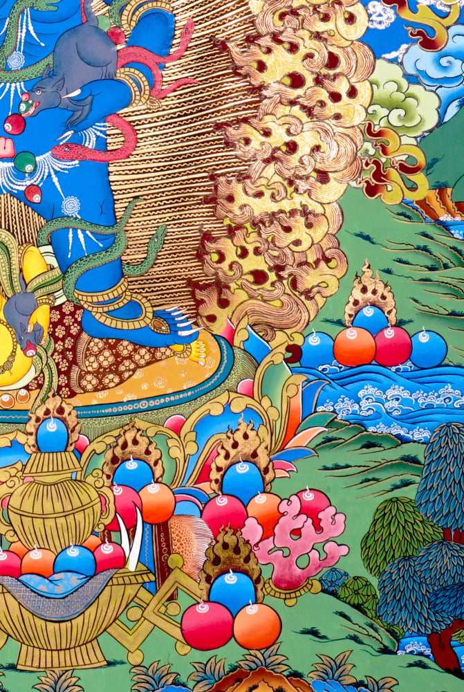 Black Zambhala thangka with wrathful wealth deity surrounded by golden flames