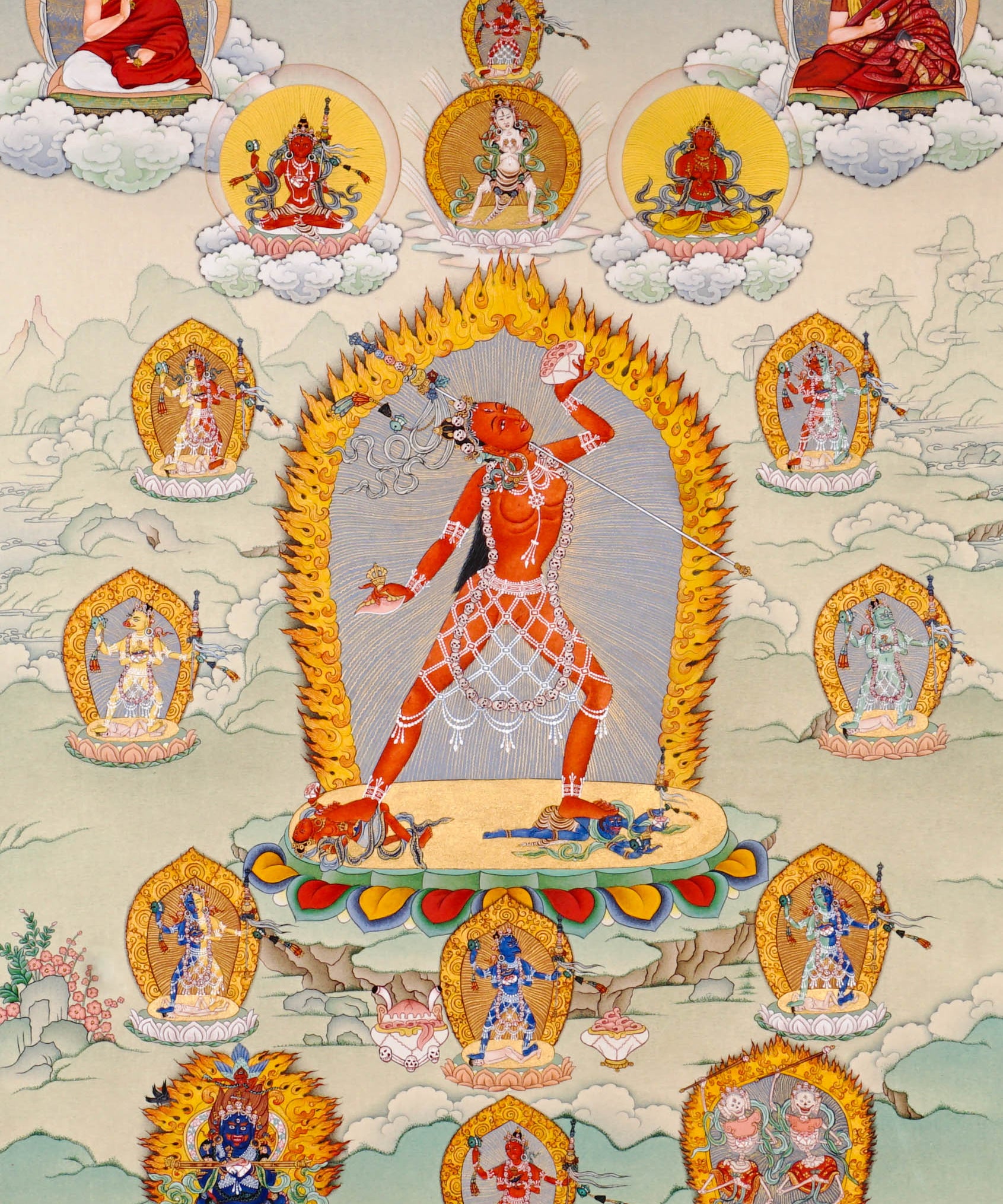 Vajrayana Buddhist Vajrayogini painting with lineage masters and tantric symbolism