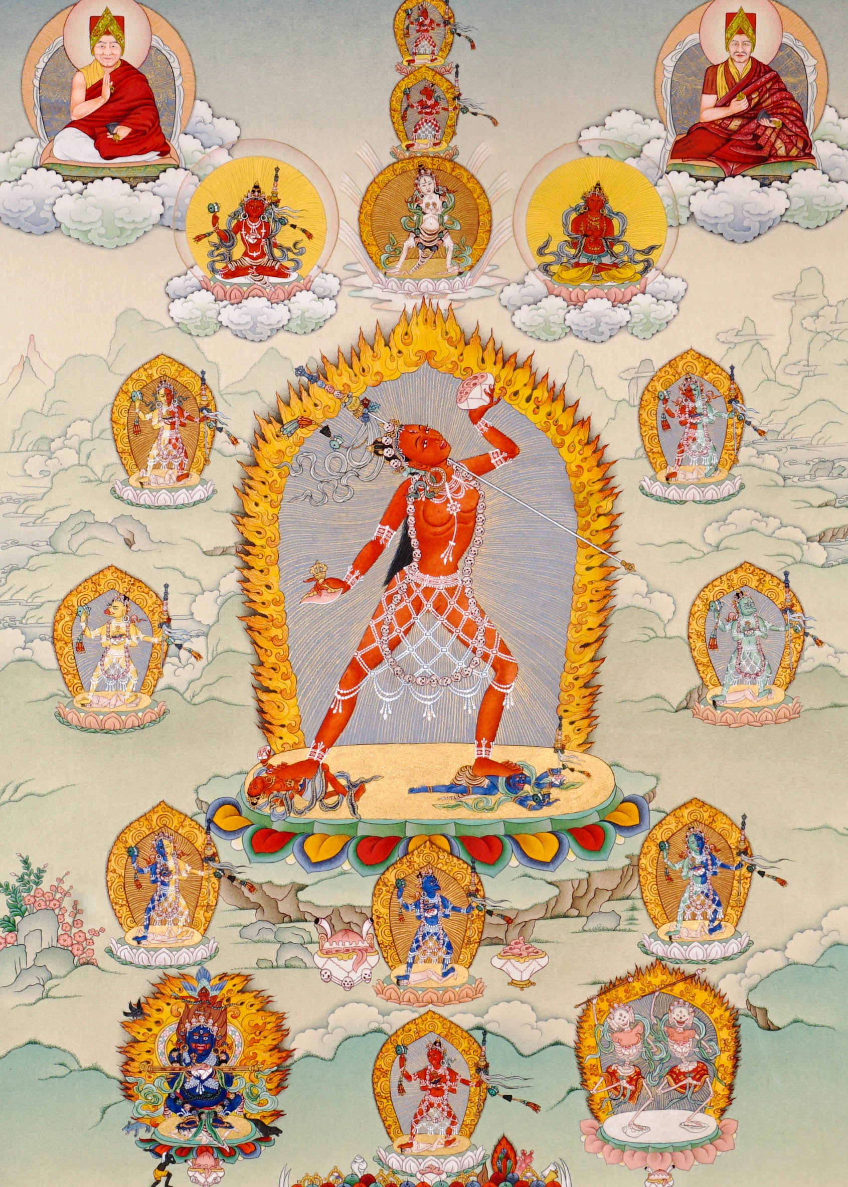 Vajrayana Buddhist Vajrayogini painting with lineage masters and tantric symbolism