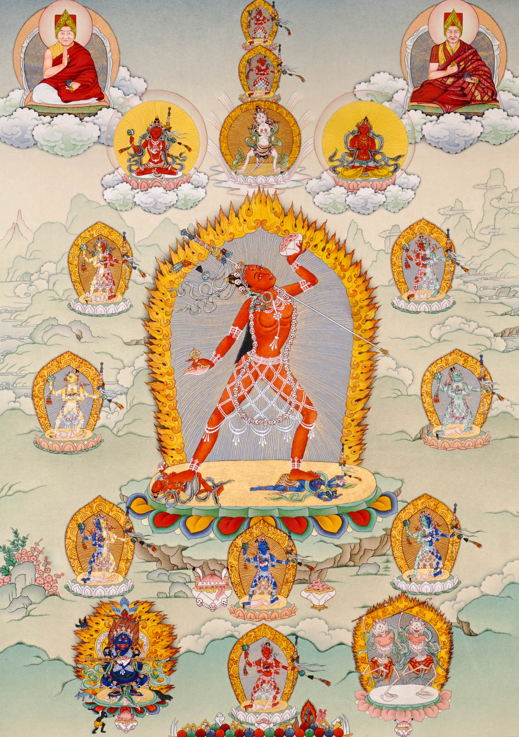 Vajrayana Buddhist Vajrayogini painting with lineage masters and tantric symbolism