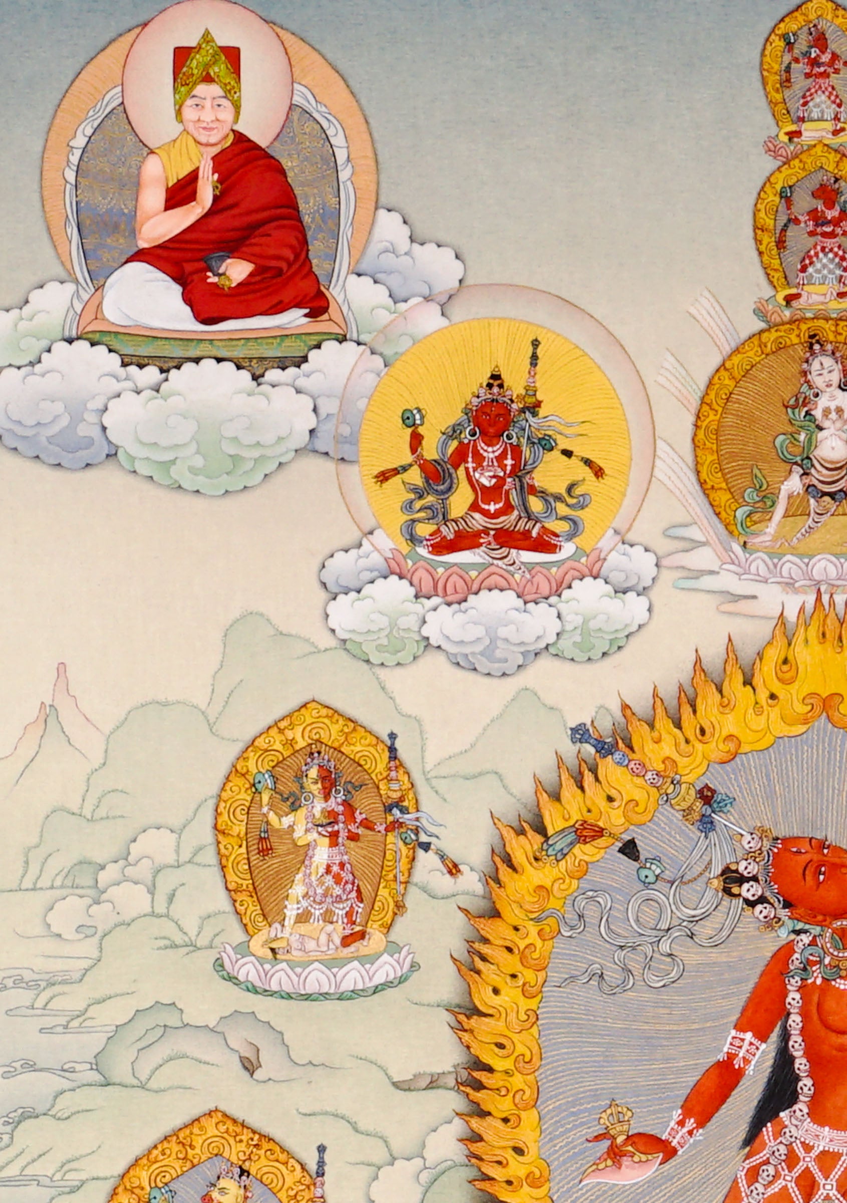 Vajrayana Buddhist Vajrayogini painting with lineage masters and tantric symbolism