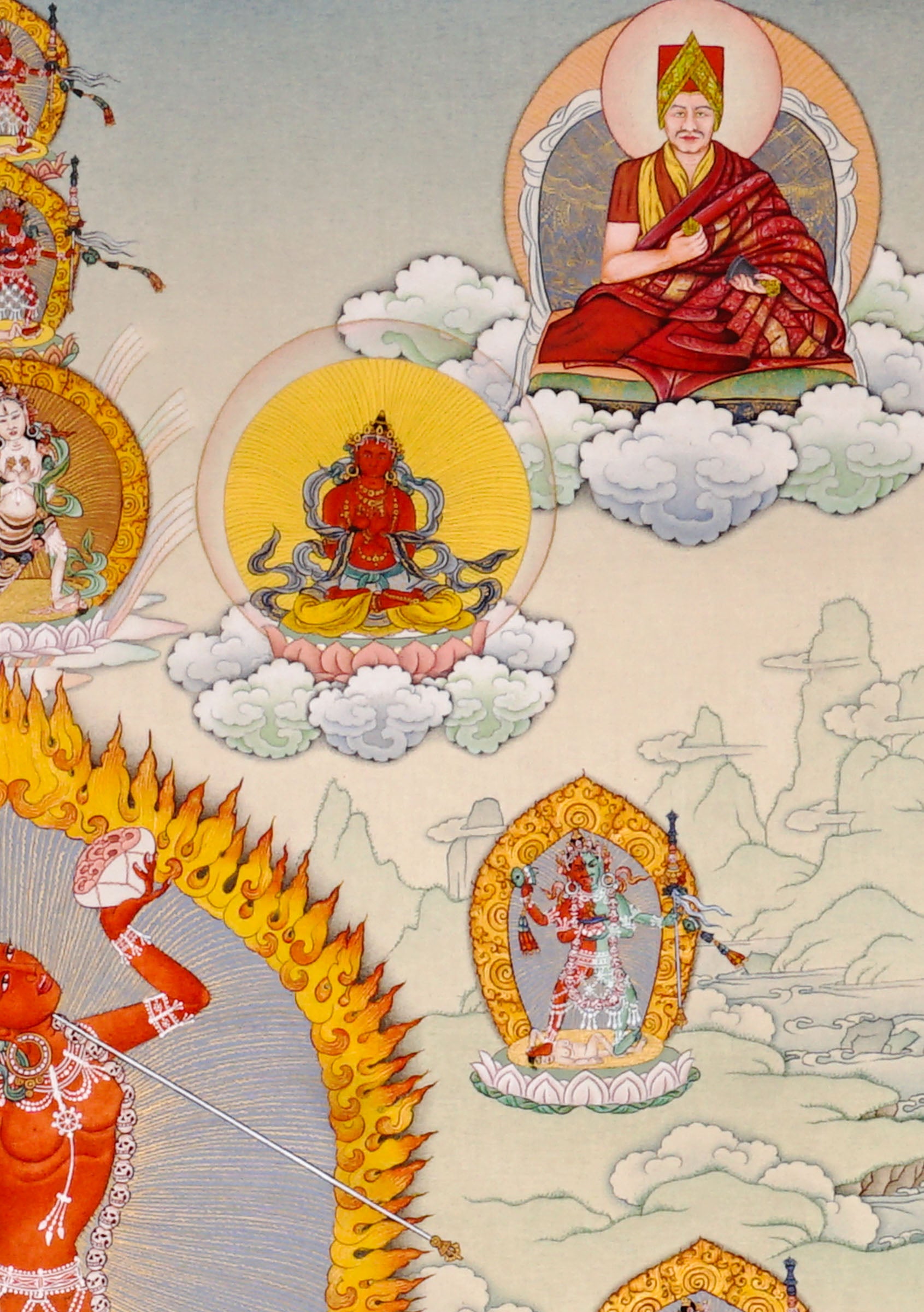 Vajrayana Buddhist Vajrayogini painting with lineage masters and tantric symbolism