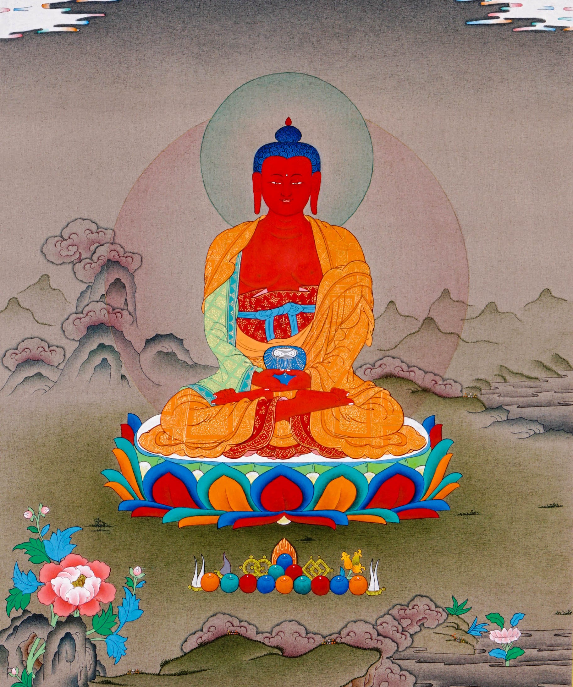 amitabha buddha meditation thangka on lotus throne