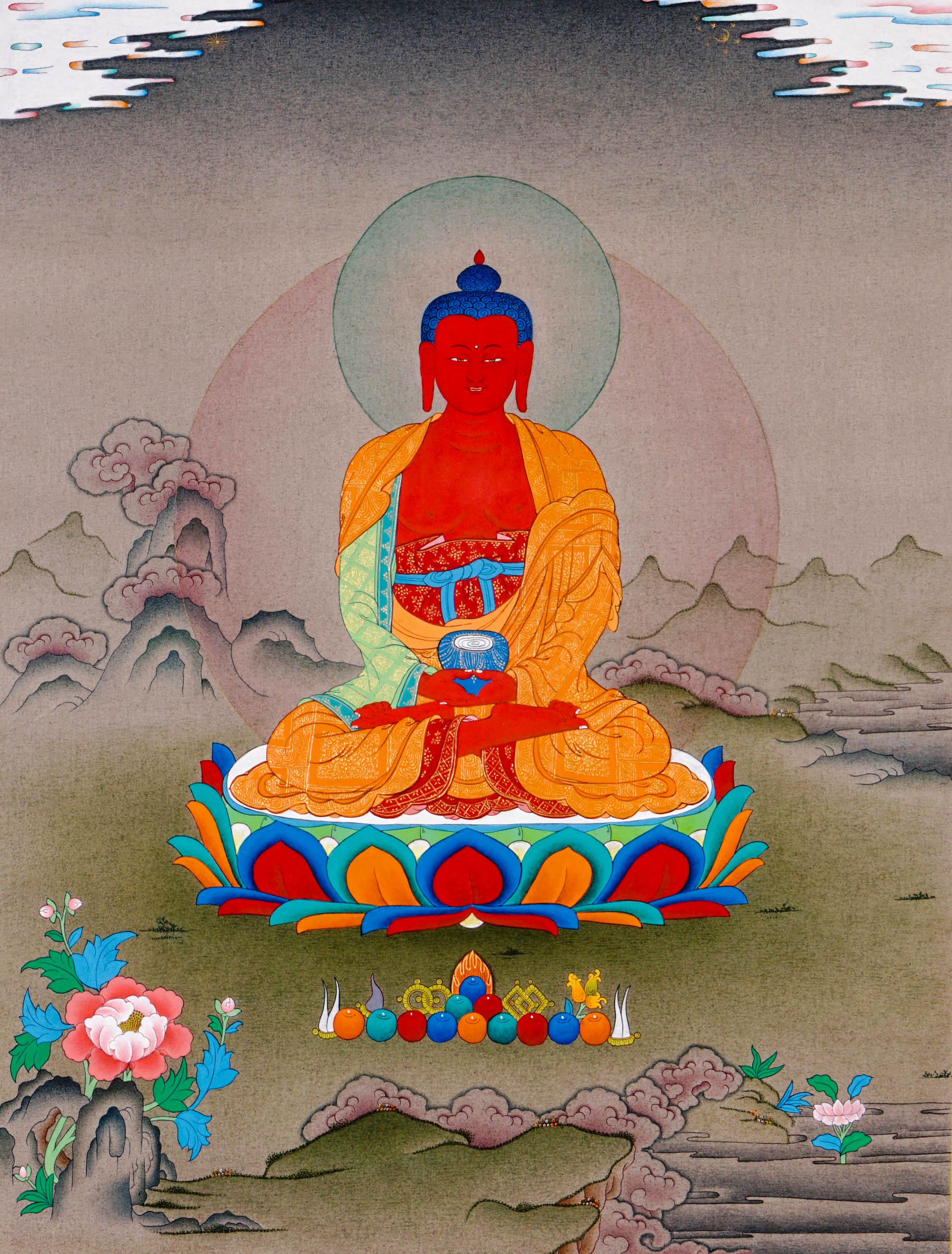 amitabha buddha meditation thangka on lotus throne