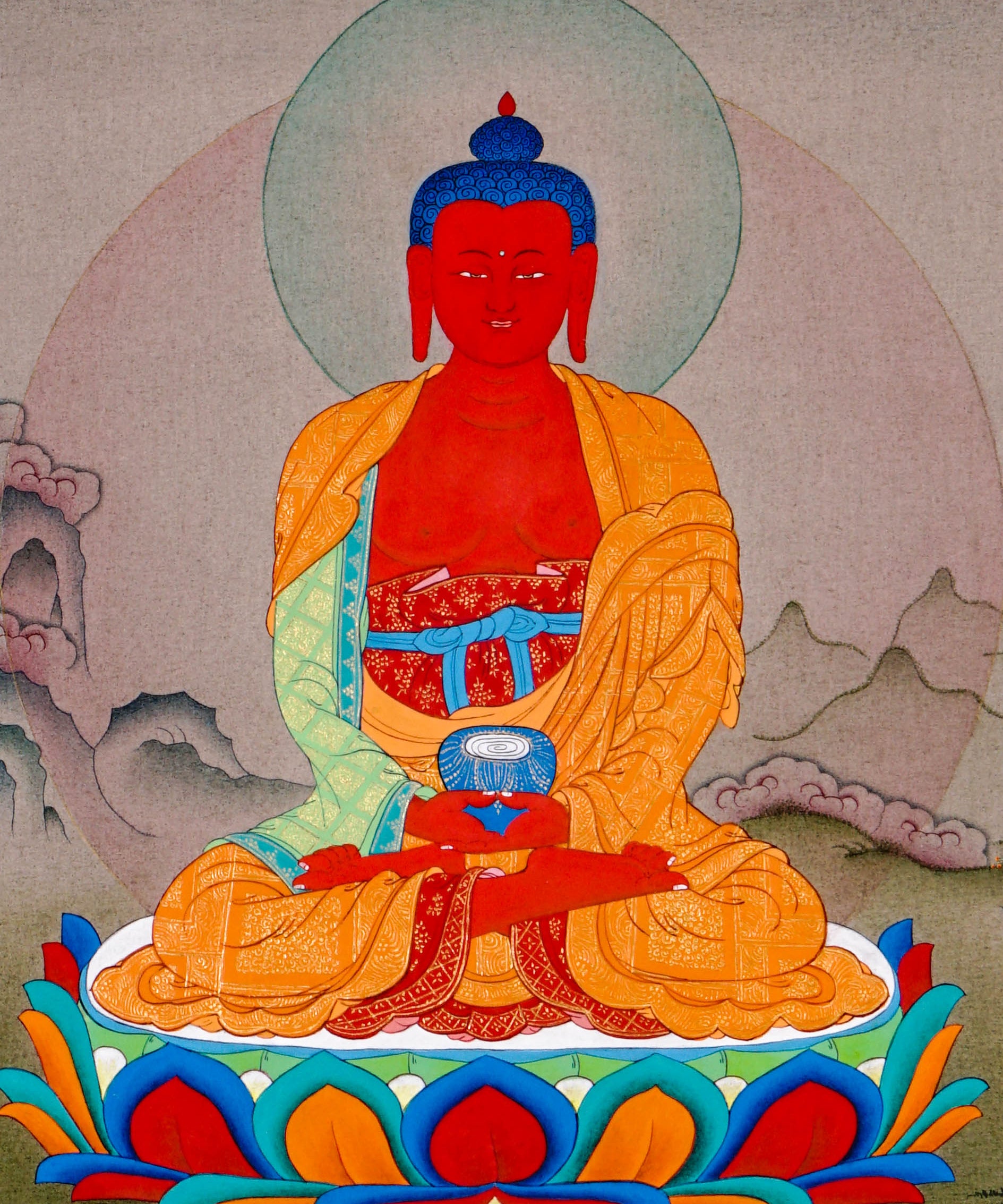 amitabha buddha meditation thangka on lotus throne