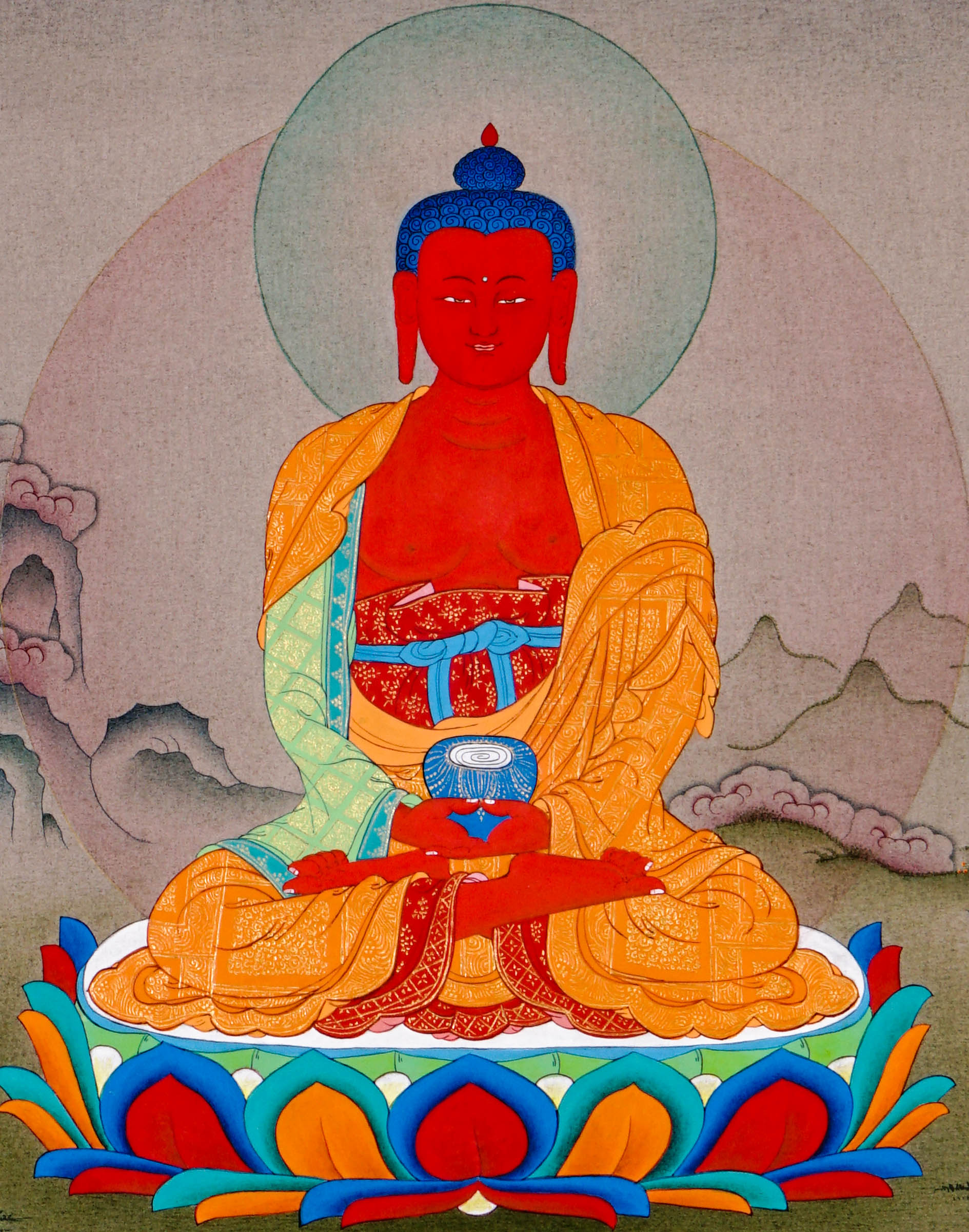 amitabha buddha meditation thangka on lotus throne