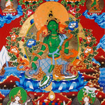 Green Tara Thangka painting with lotus throne, floral branches, celestial Buddhas, and Tibetan Buddhist compassion symbolism.