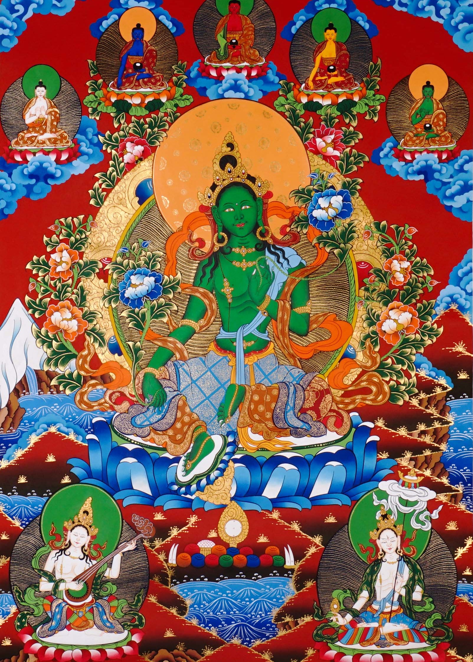 Green Tara Thangka painting with lotus throne, floral branches, celestial Buddhas, and Tibetan Buddhist compassion symbolism.