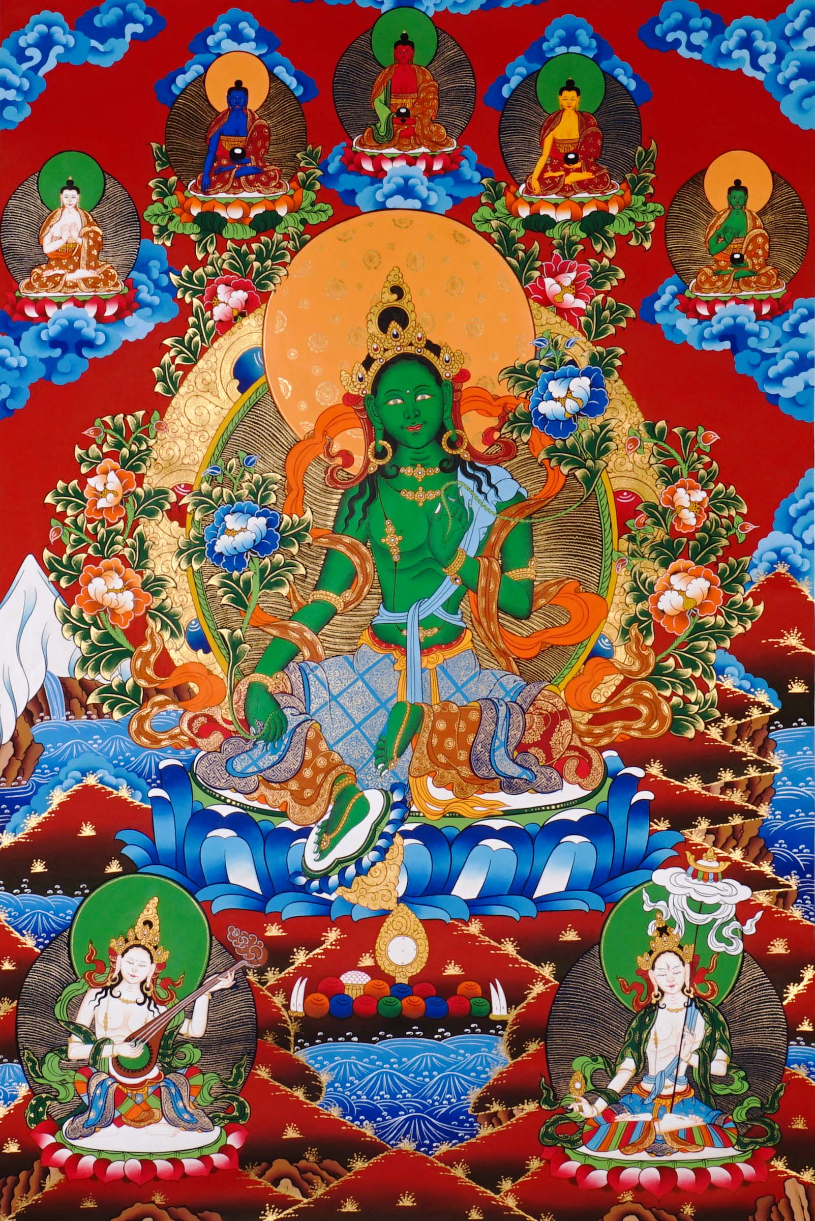 Green Tara Thangka painting with lotus throne, floral branches, celestial Buddhas, and Tibetan Buddhist compassion symbolism.
