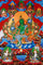 Green Tara Thangka painting with lotus throne, floral branches, celestial Buddhas, and Tibetan Buddhist compassion symbolism.