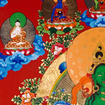 Green Tara Thangka painting with lotus throne, floral branches, celestial Buddhas, and Tibetan Buddhist compassion symbolism.