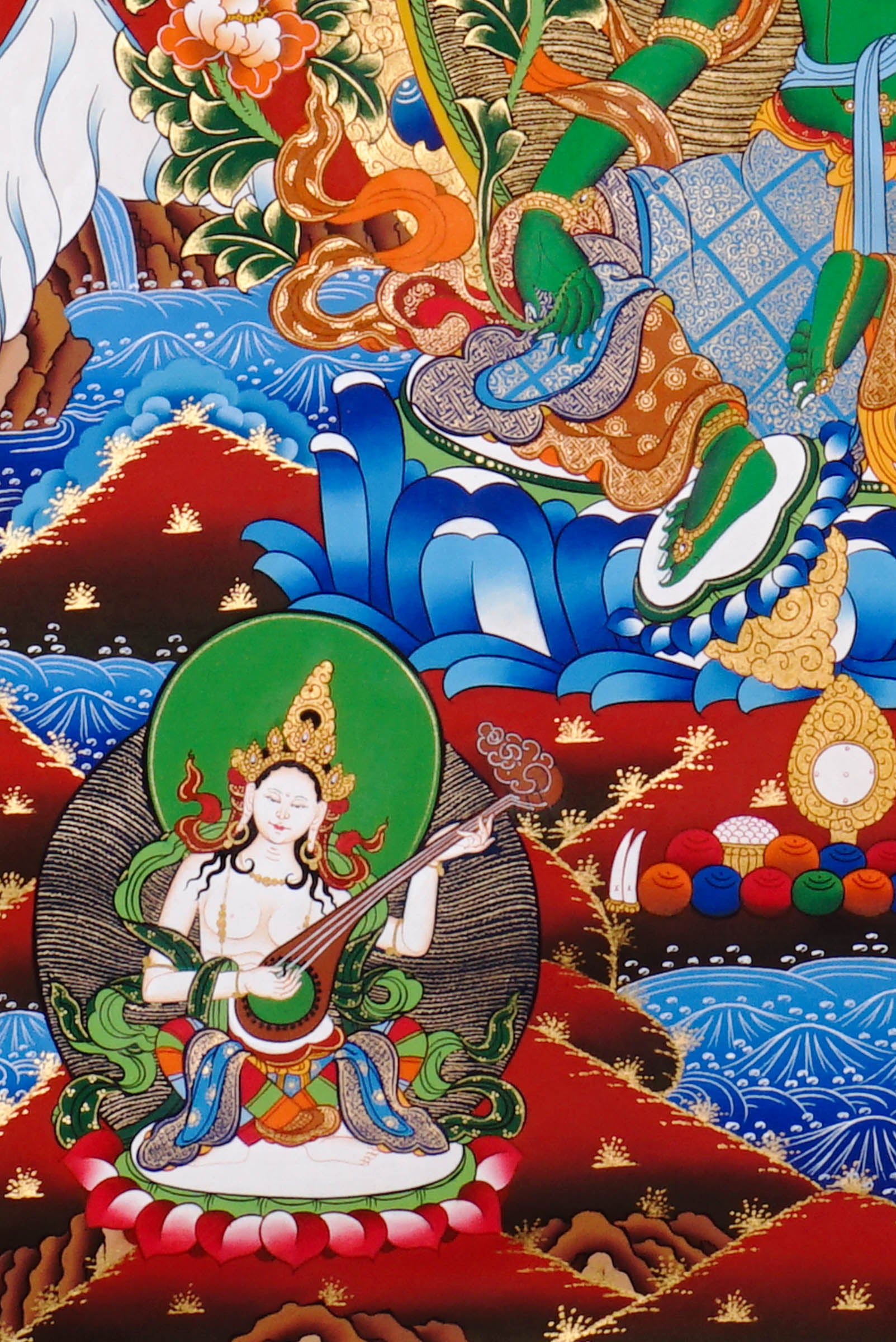 Green Tara Thangka painting with lotus throne, floral branches, celestial Buddhas, and Tibetan Buddhist compassion symbolism.