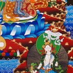 Green Tara Thangka painting with lotus throne, floral branches, celestial Buddhas, and Tibetan Buddhist compassion symbolism.