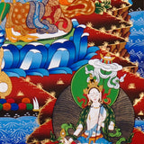Green Tara Thangka painting with lotus throne, floral branches, celestial Buddhas, and Tibetan Buddhist compassion symbolism.